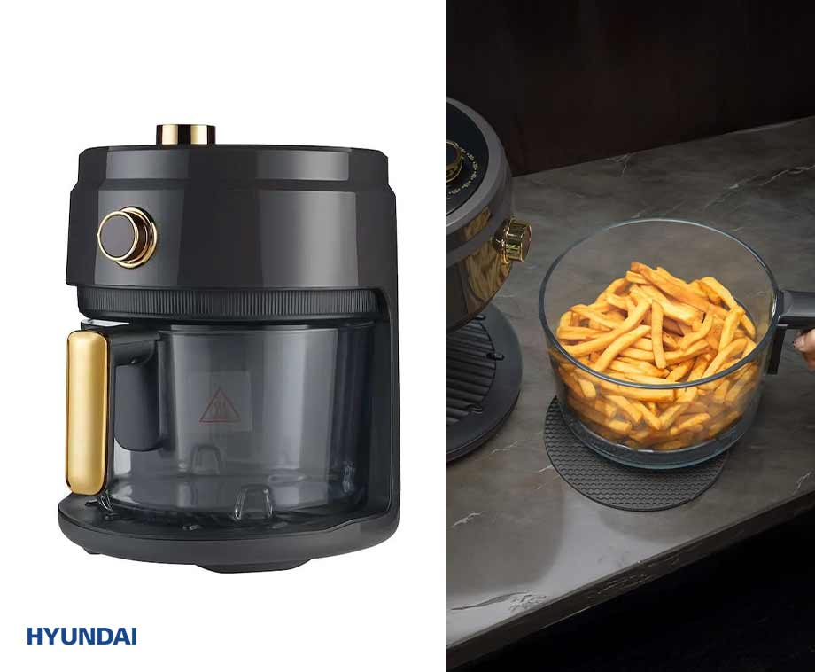 Hyundai Electronics - Airfryer met glazen pot - 3.5 Liter - Donkergrijs Goud