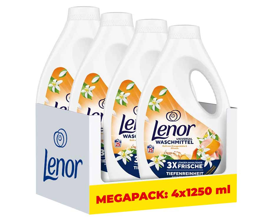 4x1250 ml Wasbeurten Lenor Wasmiddel Vloeibaar