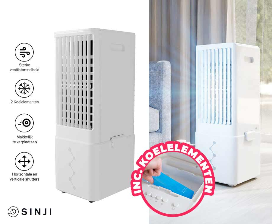 Sinji Air Cooler - Water & Luchtgekoeld - Incl. Koelelementen - 11L Waterreservoir - 3 Ventilatie standen - Ventilator Toren - Mobiele Aircooler - Wit