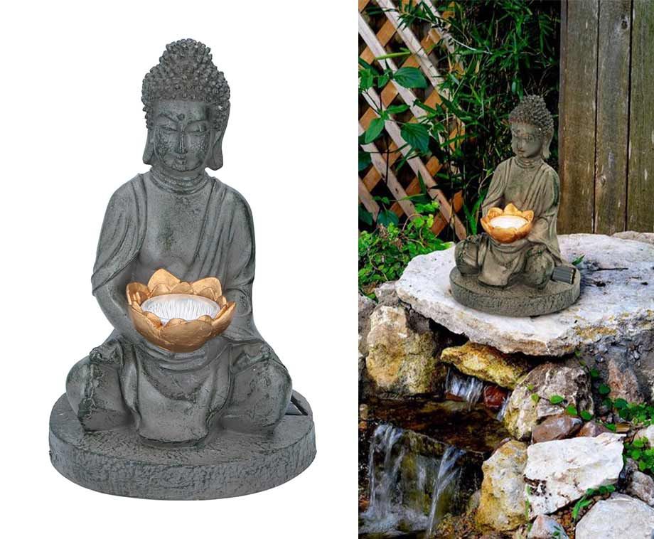 Grundig Boeddha Beeld met Solarlamp - Buddha Tuinbeeld - LED - Aan- en Uitknop - Brandduur 6-8 Uur - 17x16x27cm